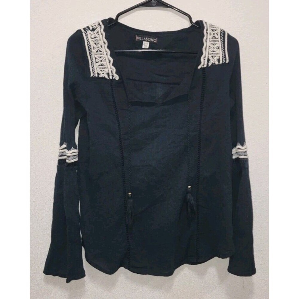 Black White Boho Billabong Long Sleeve Hippie Blouse Top 100% Cotton Sz M